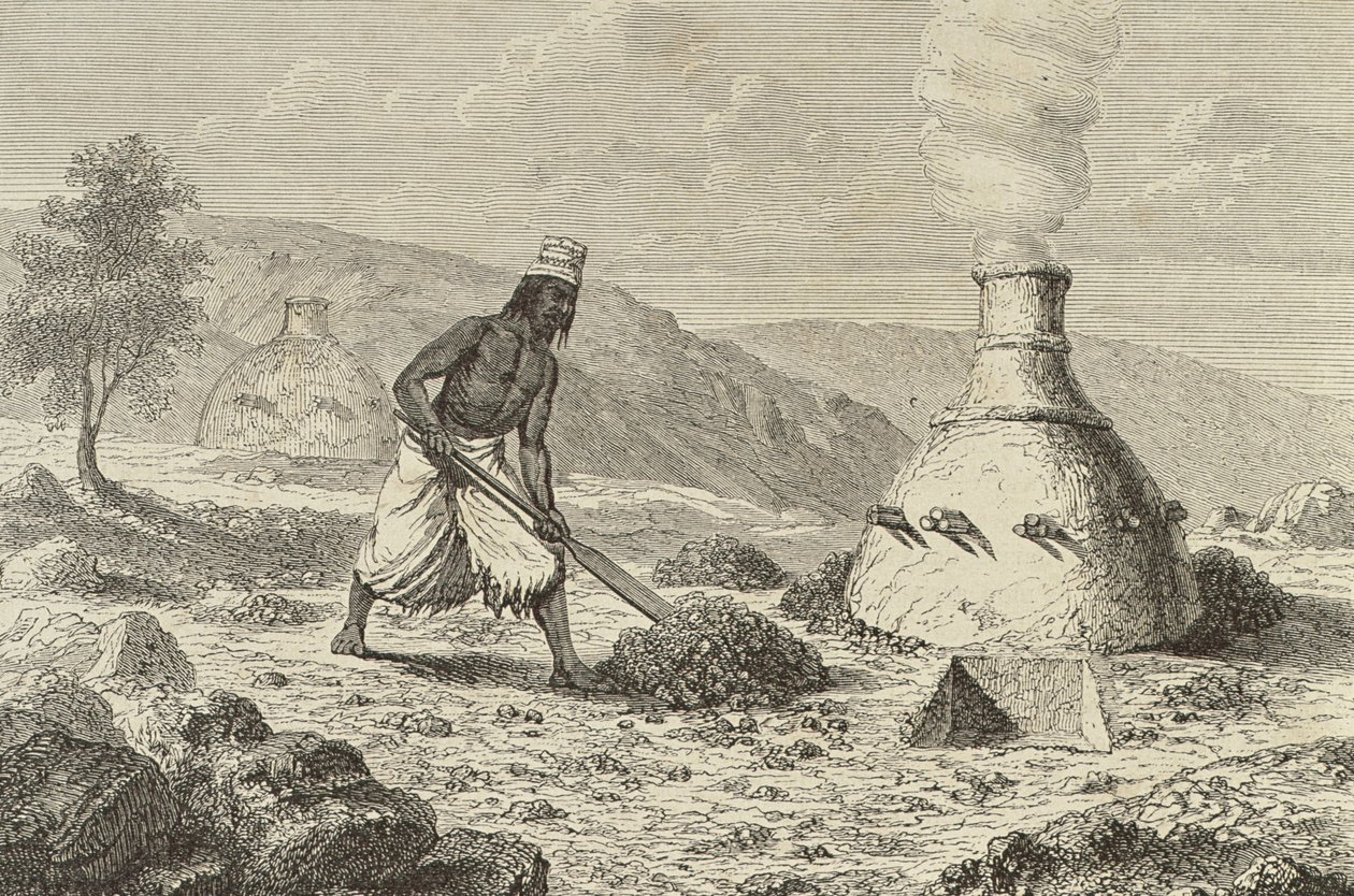 Inheemse ijzererts smelten in Fouta Djallon, Guinee, 1850s, uit `Le Tour du Monde