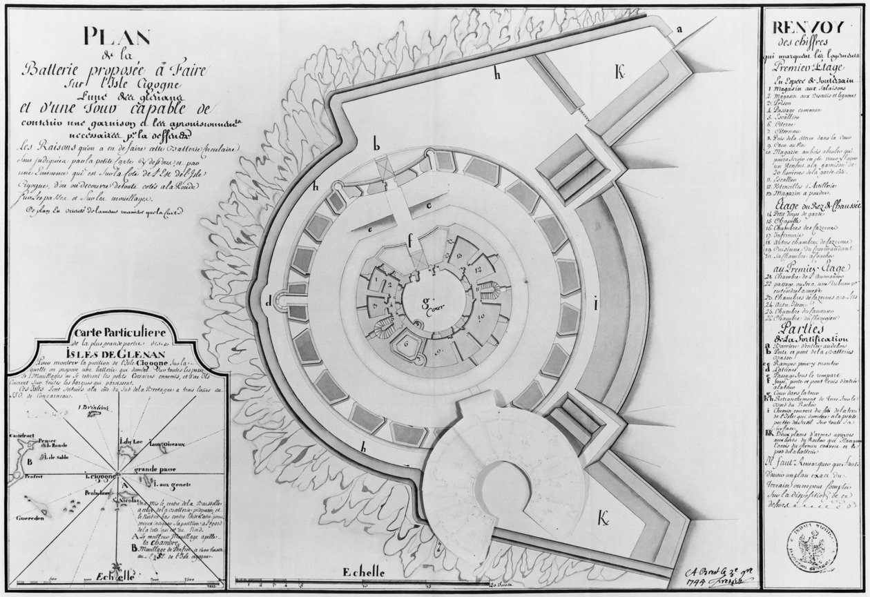 Plan van het project van een batterij op het Ile Cigogne en kaart van de Glenan-eilanden, 1745 door French School