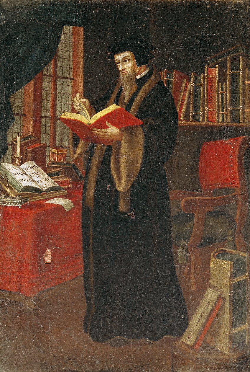 Portret van John Calvin (1509-64), Franse theoloog en hervormer door French School
