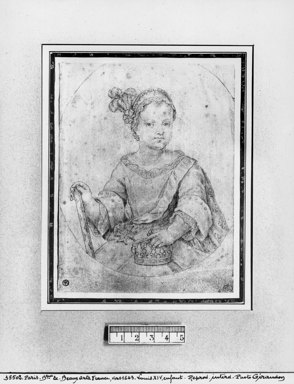 Portret van Lodewijk XIV als kind (rode krijt op papier) door French School