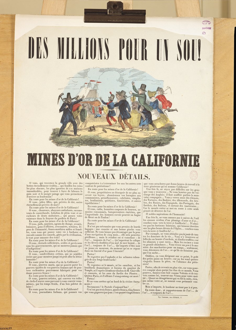 Poster die de goudmijnen in Californië adverteert door French School