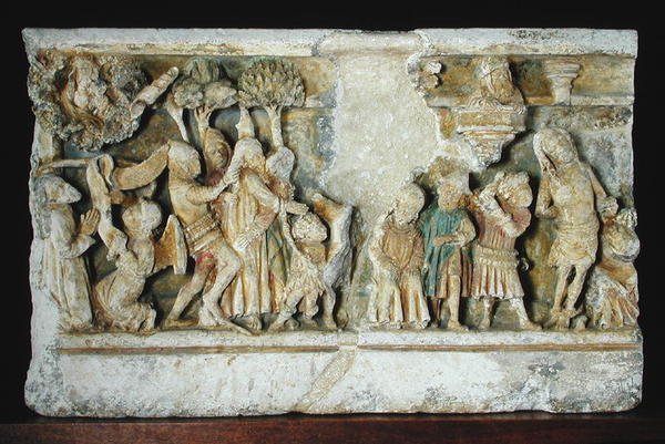 Reliëf dat scènes uit de Passie van Christus toont: De arrestatie en de geseling door French School