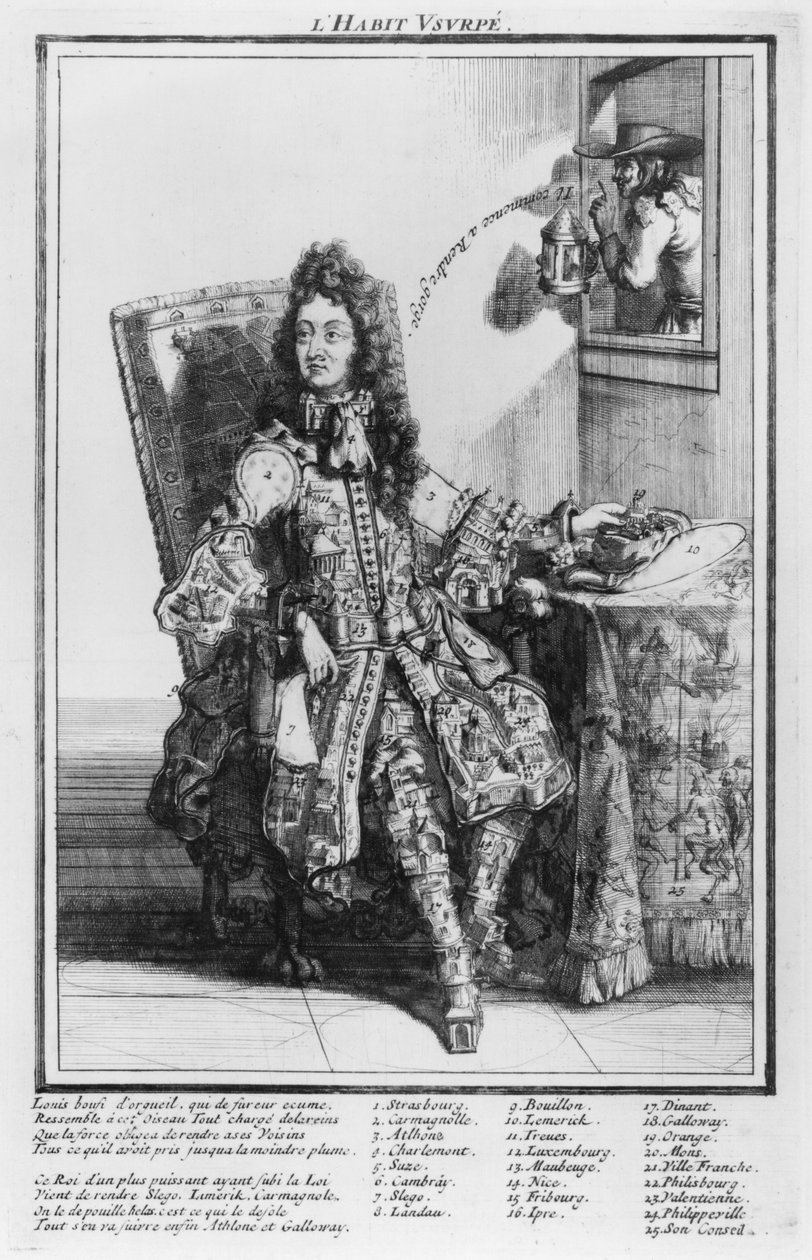 Satirische cartoon die Lodewijk XIV bespot, 1693-1705 door French School