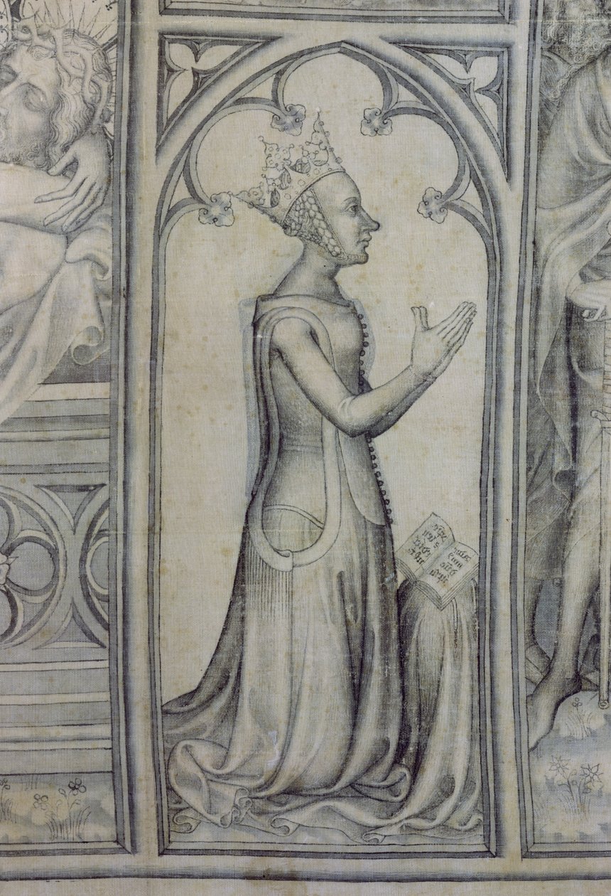 Het Parement van Narbonne, detail van Jeanne de Bourbon (1338-77) biddend, ca. 1375 (grisaille op zijde) (detail) door French School