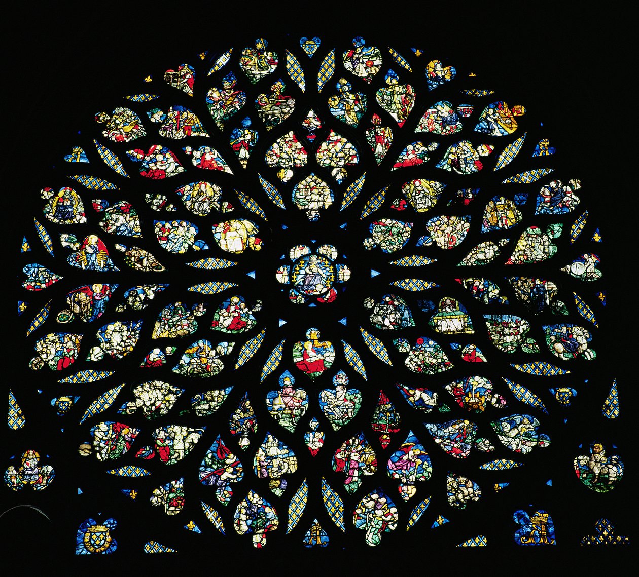 De openbaring van St. Jan, roosvenster (glas-in-lood) door French School