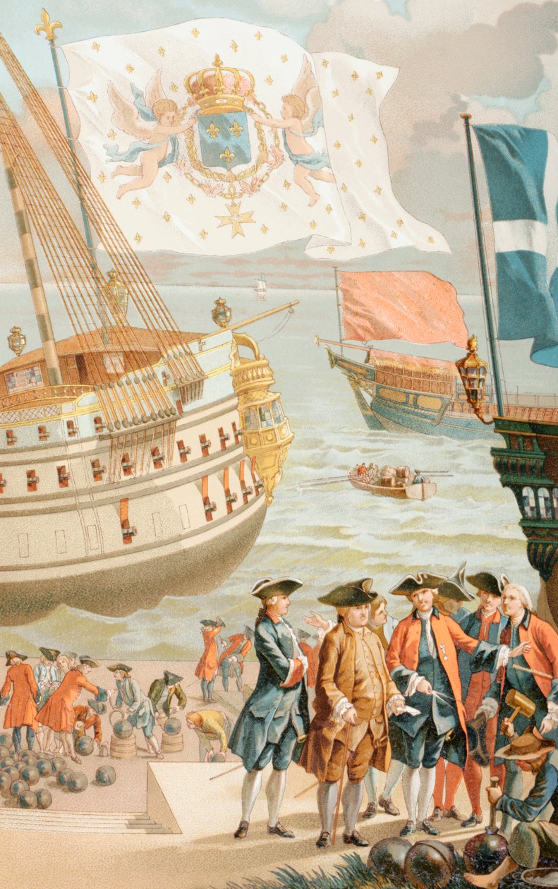 De koninklijke vlag van Frankrijk wapperend over een Frans marineschip uit de 18e eeuw, uit 