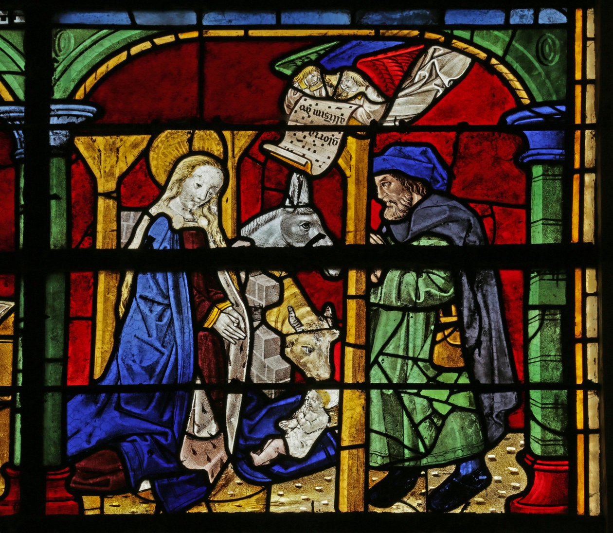 Raam met afbeelding van de Geboorte van Christus door French School