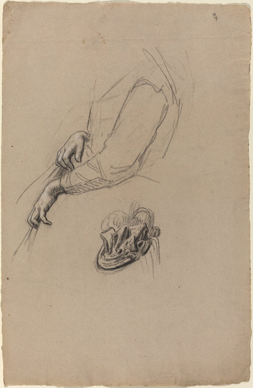 Handen van een jonge vrouw en hoed met linten door French 19th Century