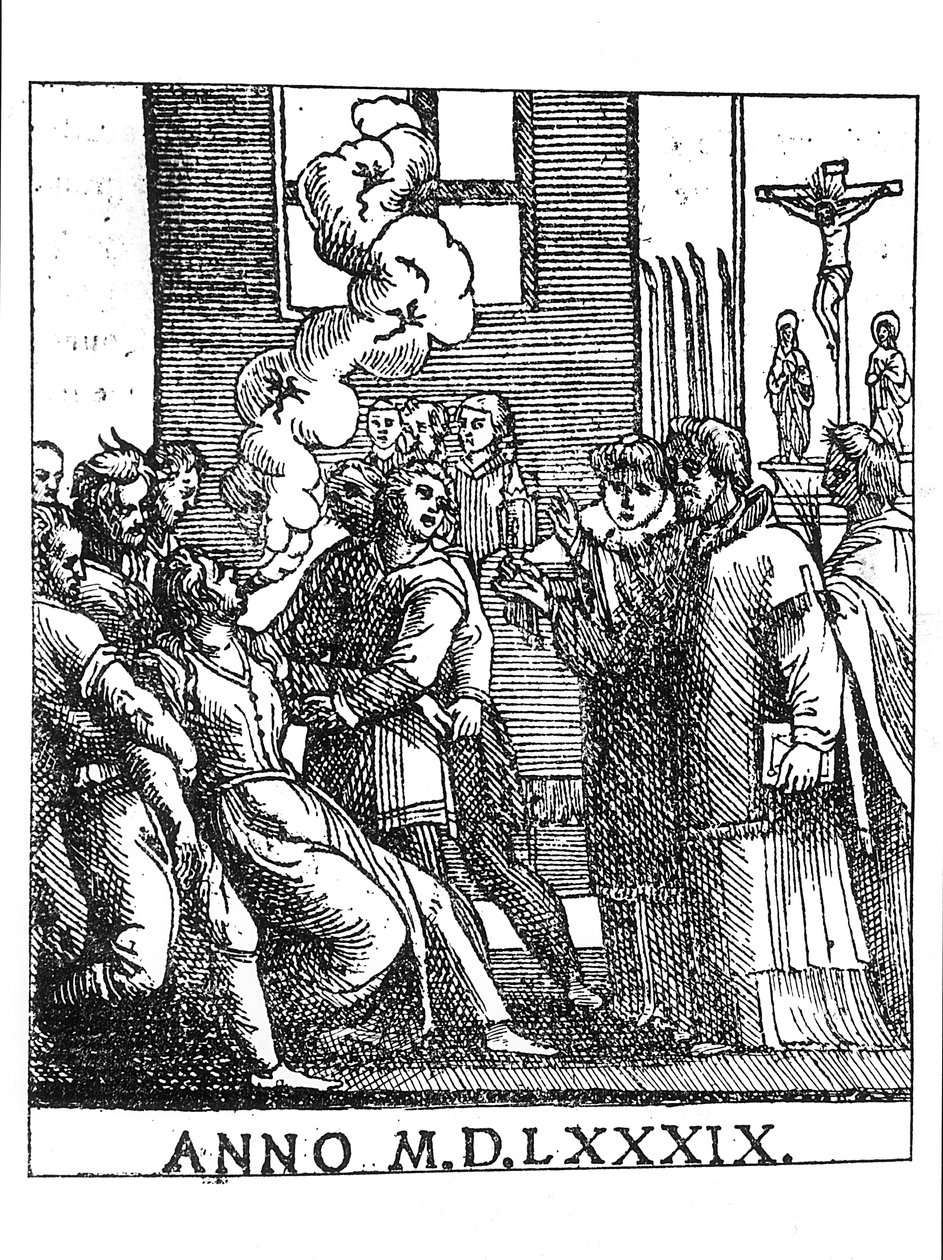 Bezetenheidsscène in 1589 door French School