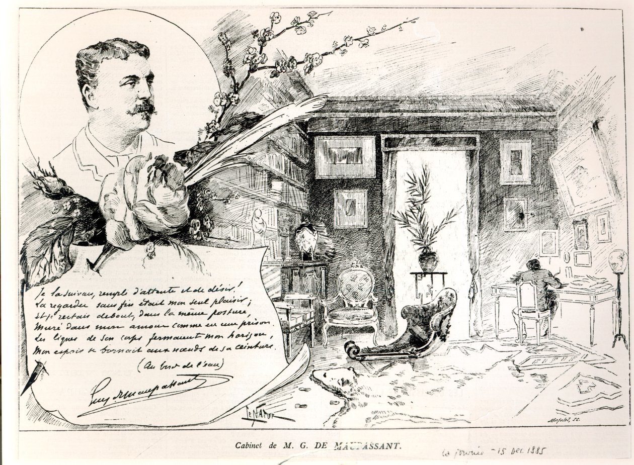 Guy de Maupassant en zijn studeerkamer door French School