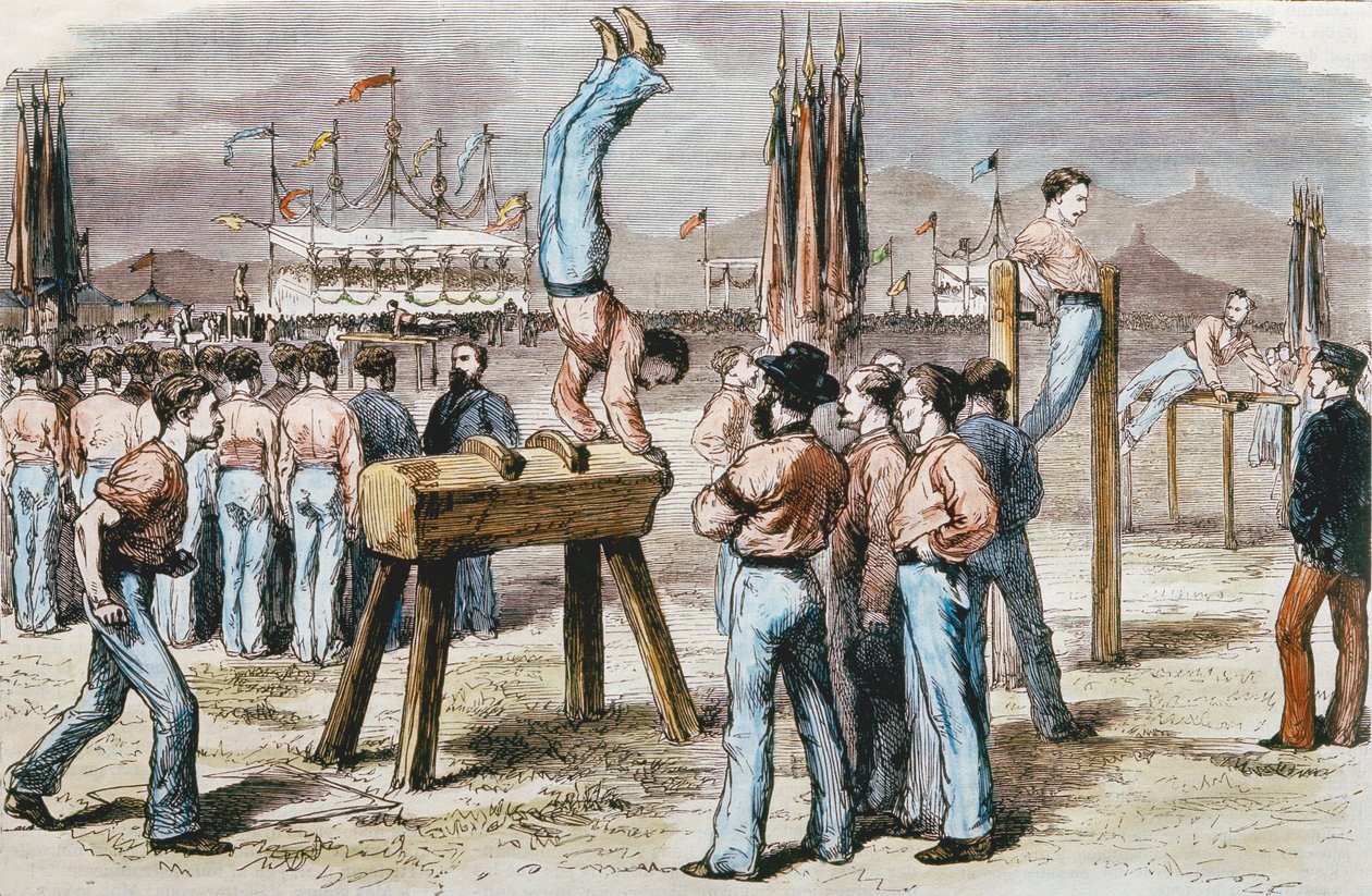 Turnwedstrijd, 1876 (kleurgravure) door French School
