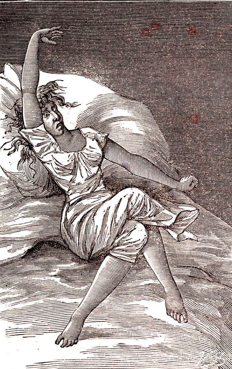 Hoofdpijn, melancholie en hysterie, angst. 1887 (gravure) door French School