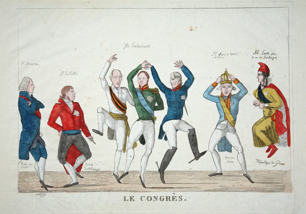 Le Congres, pub. 1814 (handgekleurde gravure) door French School