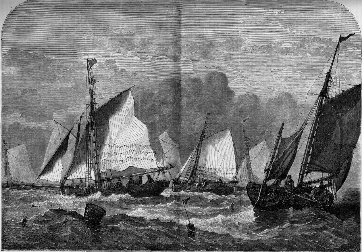 Oestervissers in Whitstable Bay, Engeland door French School