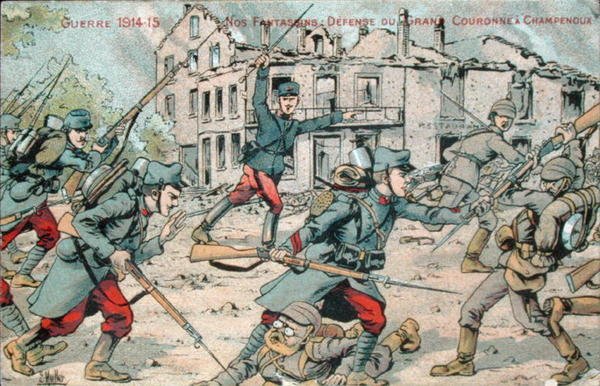 Ansichtkaart met de Franse Infanterie die Champenoux verdedigt door French School