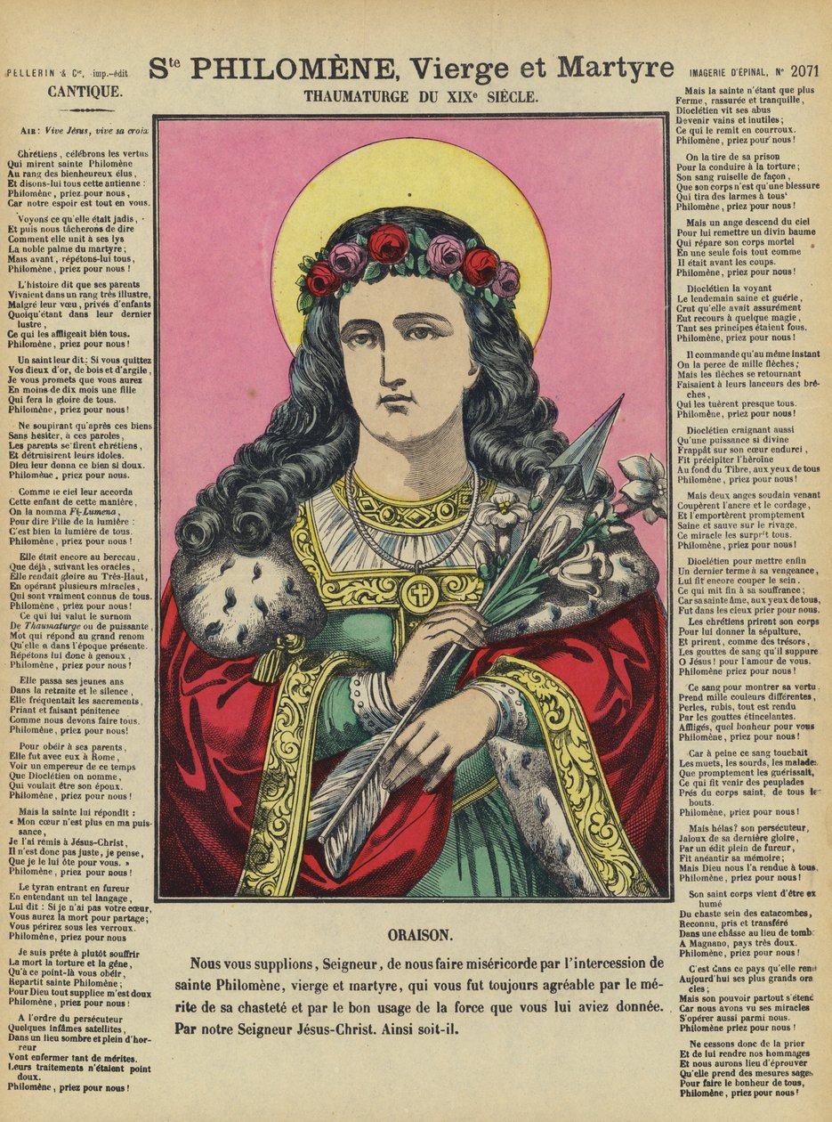Sint Philomena, maagd en martelares (kleurenlitho) door French School