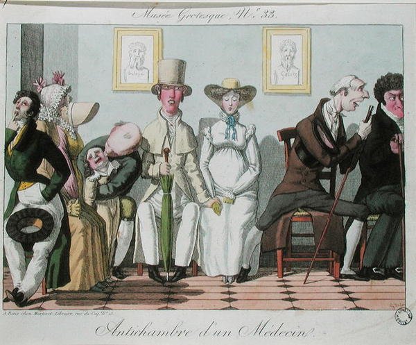 De Wachtkamer van de Dokter (gekleurde gravure) door French School