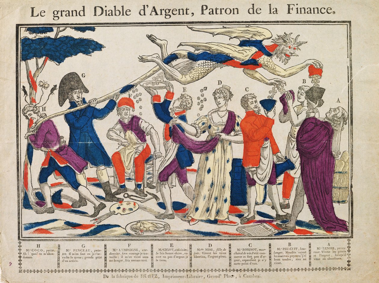 De Grote Geldduivel (gekleurde gravure) door French School