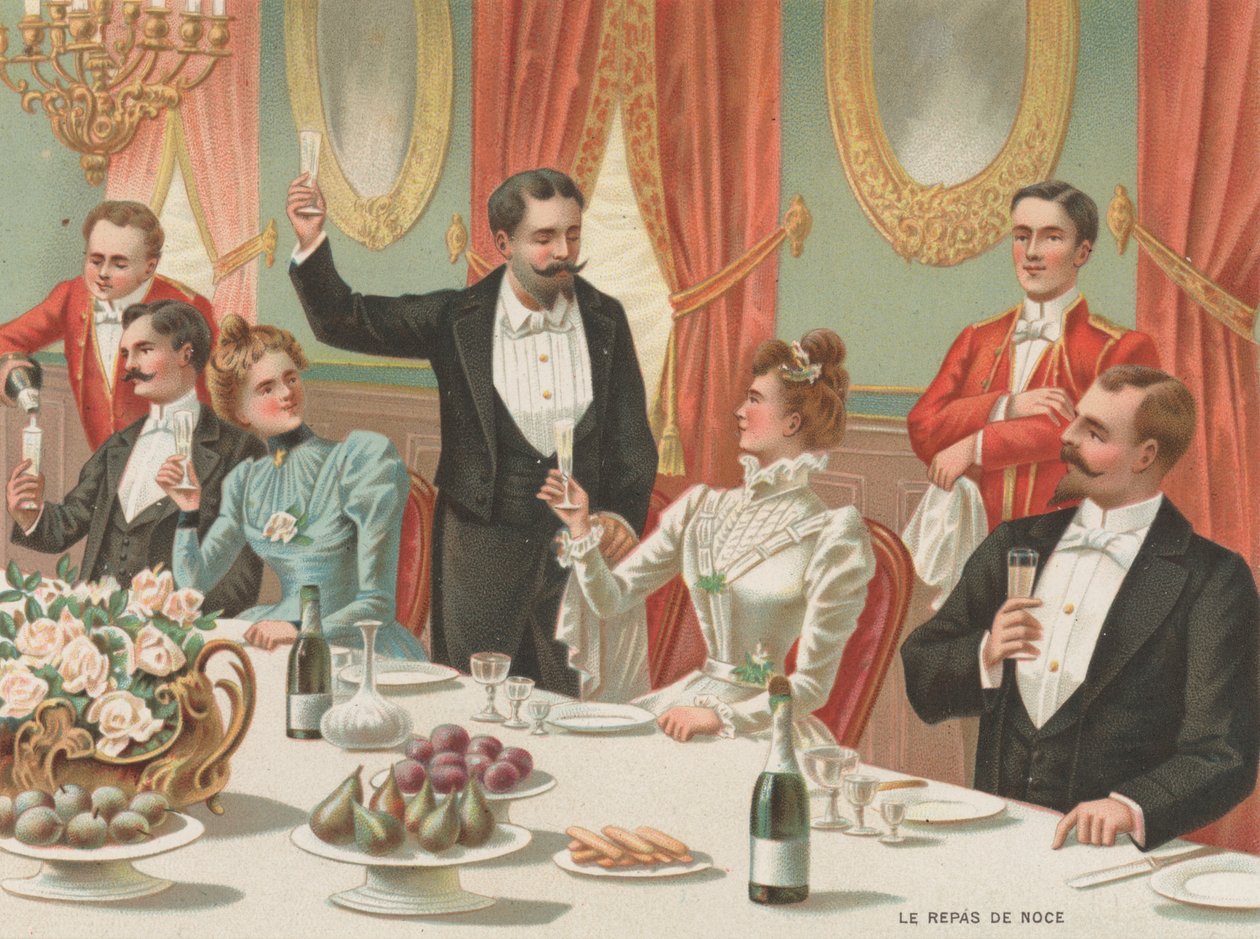 Het huwelijksdiner (chromolitho) door French School