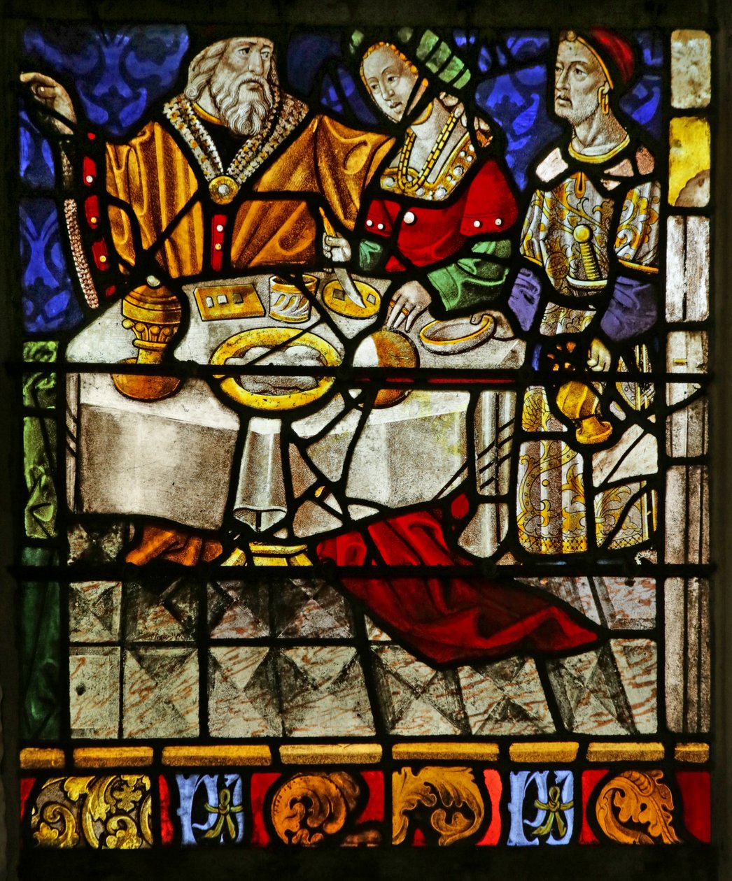 Raam met maaltijdscène (glas-in-lood) door French School