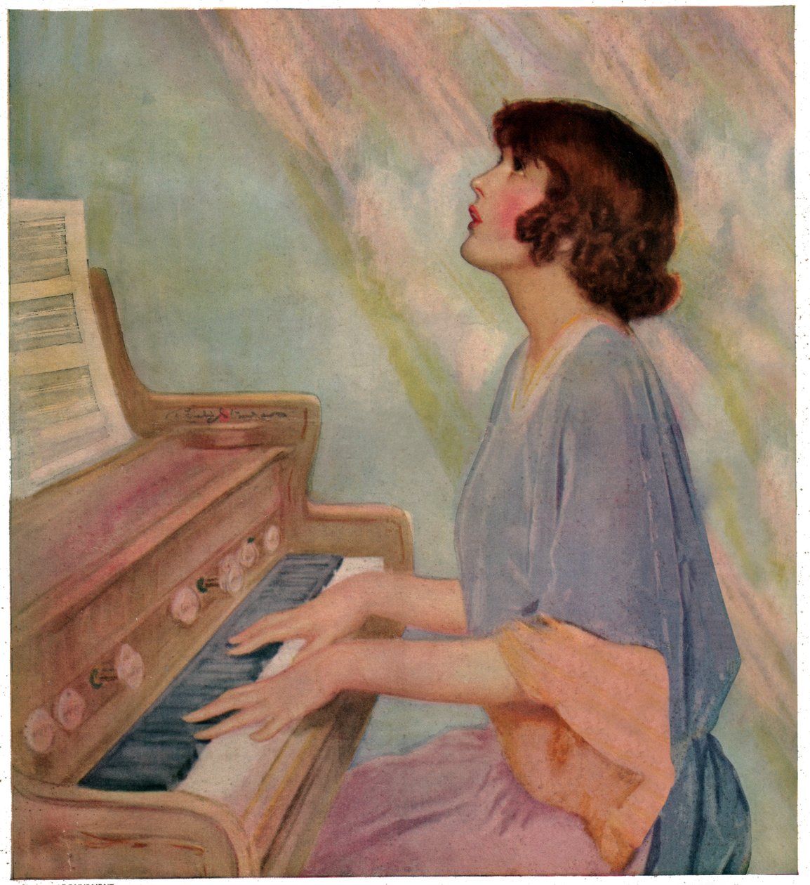 Vrouw die orgel speelt, 1924 (gravure) door French School