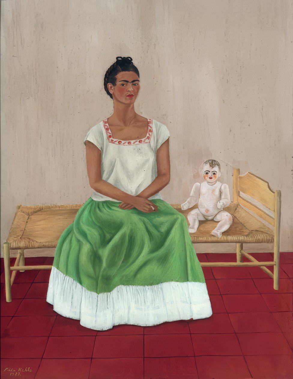Zelfportret met bed door Frida Kahlo