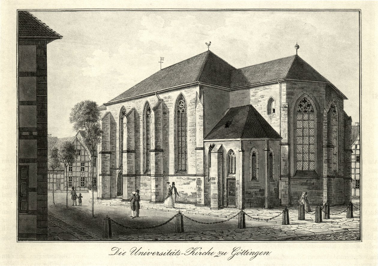 Gezicht op de Nikolaikerk en het Nikolaikerkhof in Göttingen vanuit het zuidoosten, sinds 1822 gebruikt als universiteitskerk door Friedrich Besemann