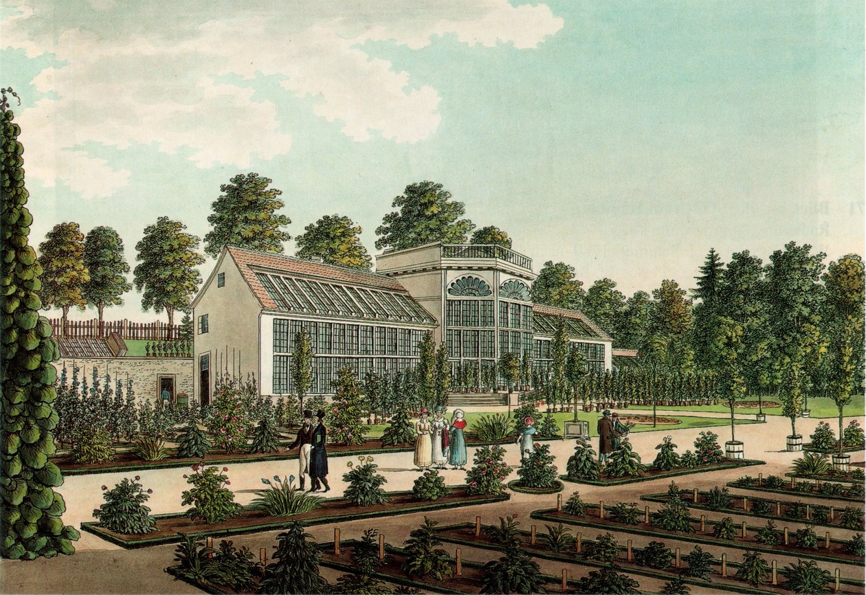 Kas in de oude botanische tuin in Göttingen, op de achtergrond de stadswal door Friedrich Besemann