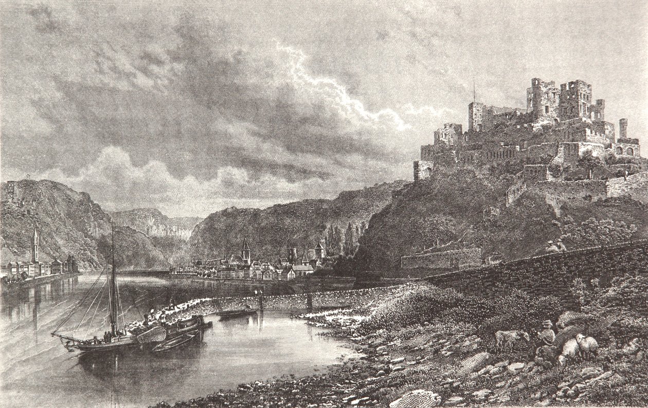 Sankt Goar, staalgravure uit een Rijnalbum door Pierre Joseph Redouté