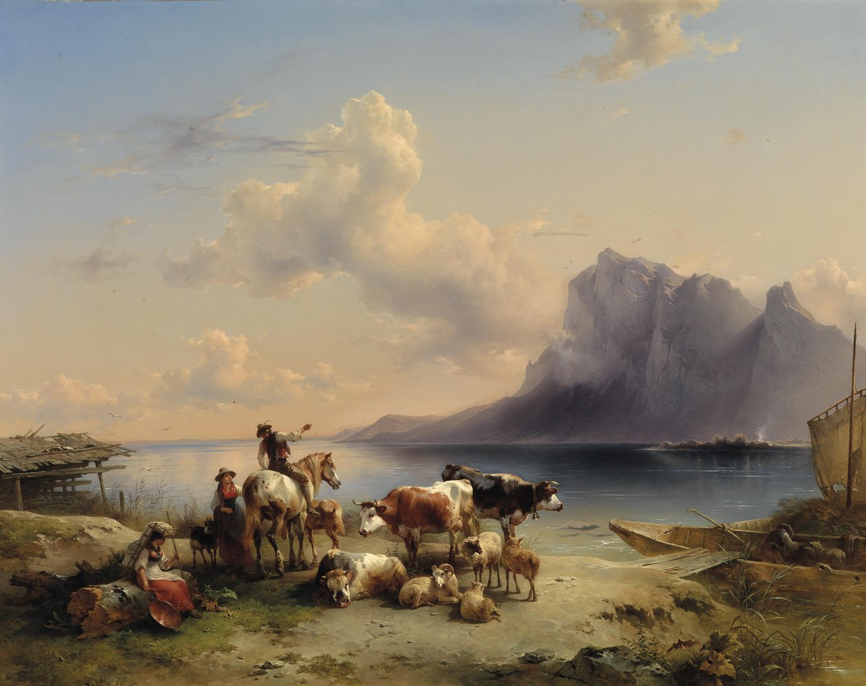 Herders en vee aan de Attersee door Friedrich Gauermann