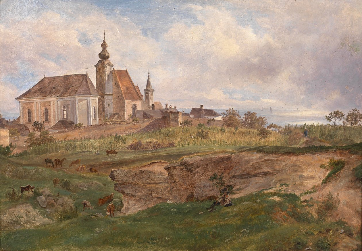 Uitzicht op de visserskerk in Rust aan de Neusiedlersee door Friedrich Loos