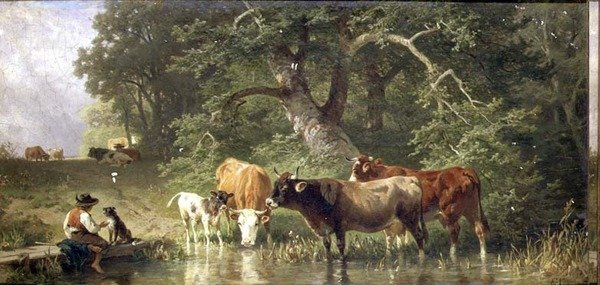 Vee dat drinkt bij een bosvijver door Friedrich Johann Voltz