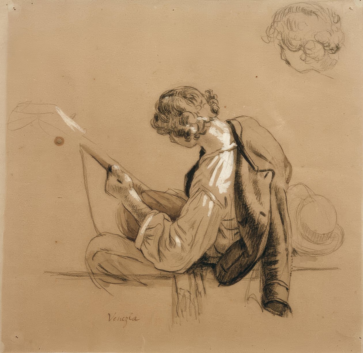 Zittende luitspeler; hoofdstudie door Friedrich Nerly
