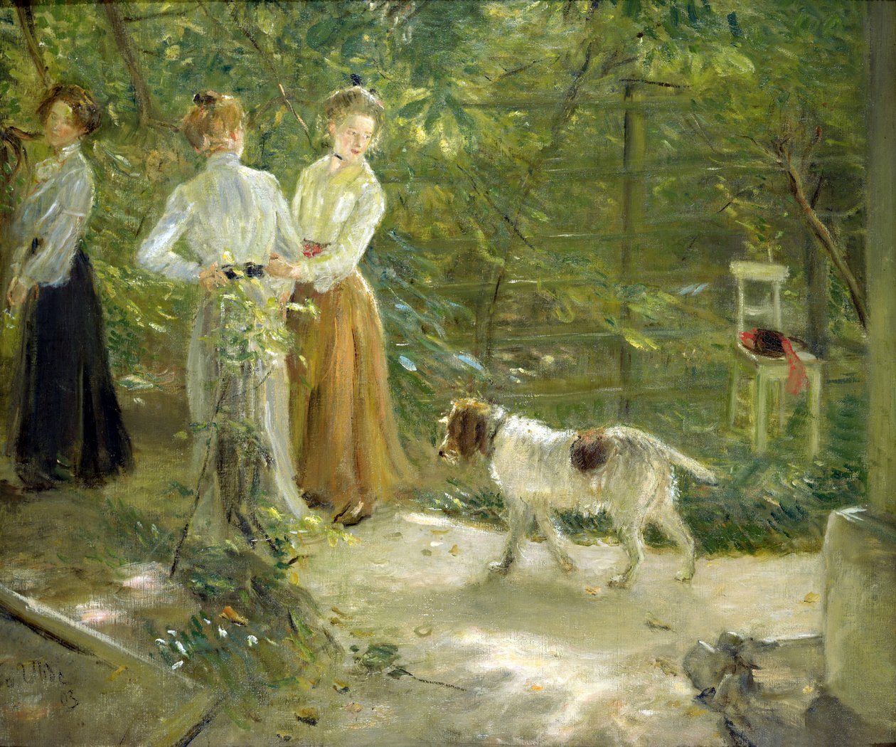 Uitzicht op de tuin van de kunstenaar met zijn dochters, 1903 door Fritz von Uhde