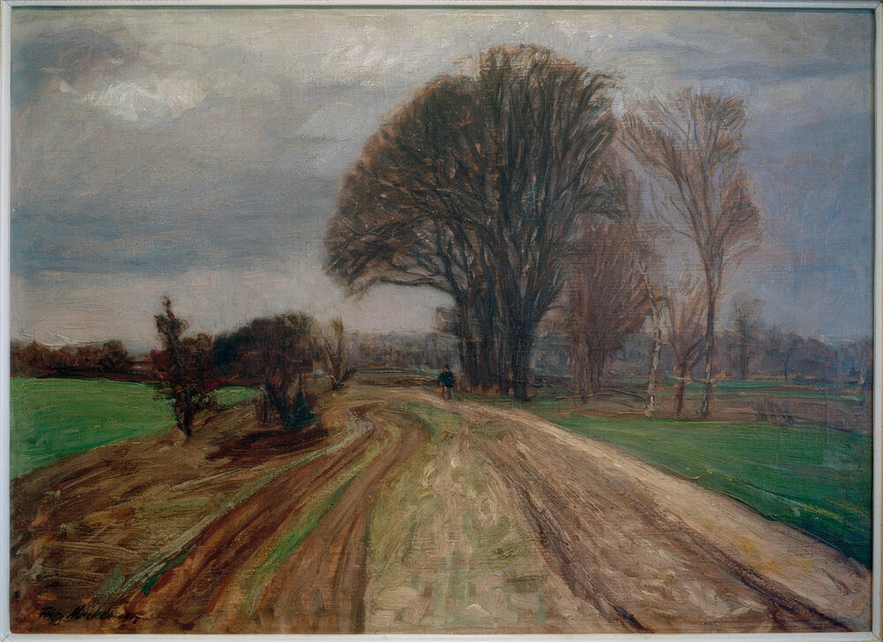 Landweg met fietser door Fritz Mackensen