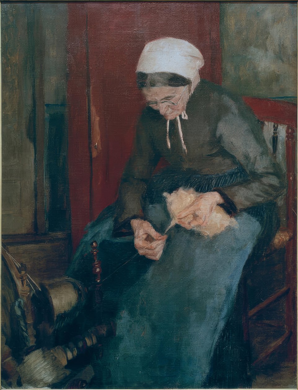 Oude vrouw spint door Fritz Mackensen