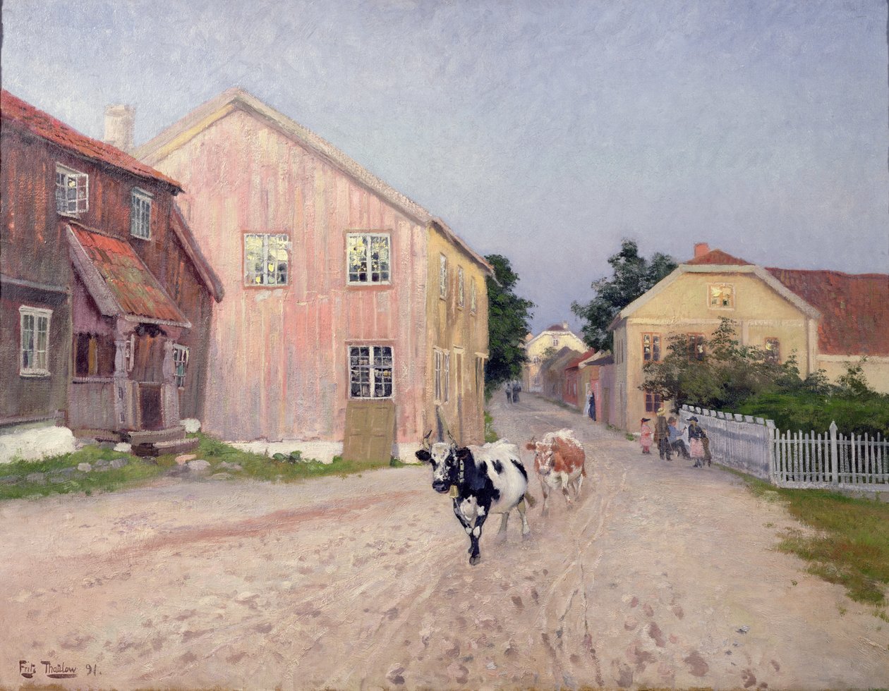 Straat in Hokksund door Fritz Thaulow