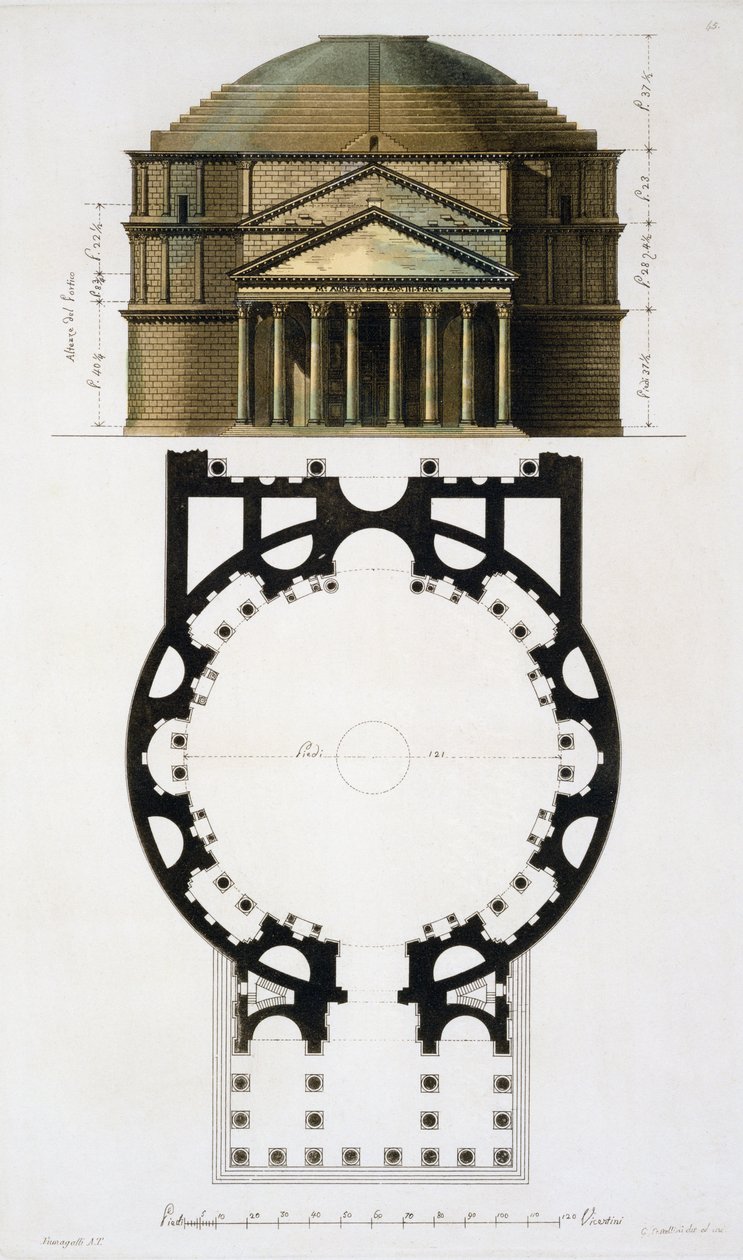 Grondplan en gevel van het Pantheon, Rome door Fumagalli