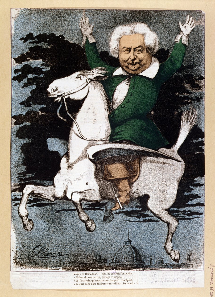 Karikatuur van Alexandre Dumas père (1803-70) als een Musketier, illustratie uit La Marotte, 1868 door G. Chanoine