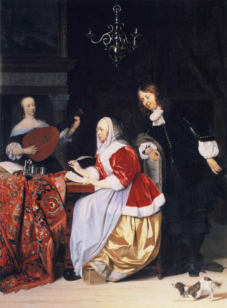 Een jonge vrouw die muziek componeert door Gabriel Metsu