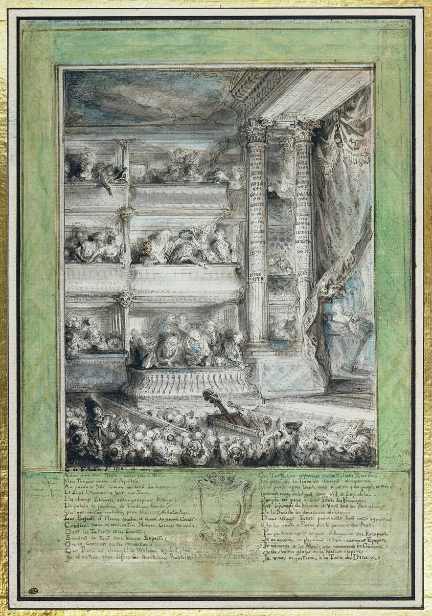 De Kroning van Voltaire in het Théâtre Français door Gabriel de Saint Aubin