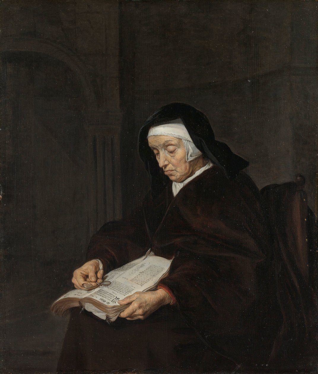 Oude vrouw die mediteert door Gabriel Metsu