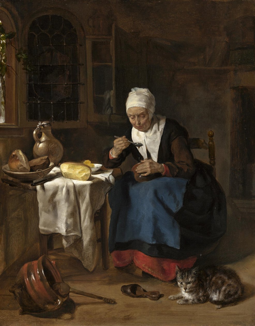 Oude vrouw eet pap door Gabriel Metsu