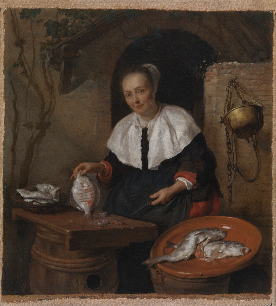 Vrouw die vis schoonmaakt door Gabriel Metsu