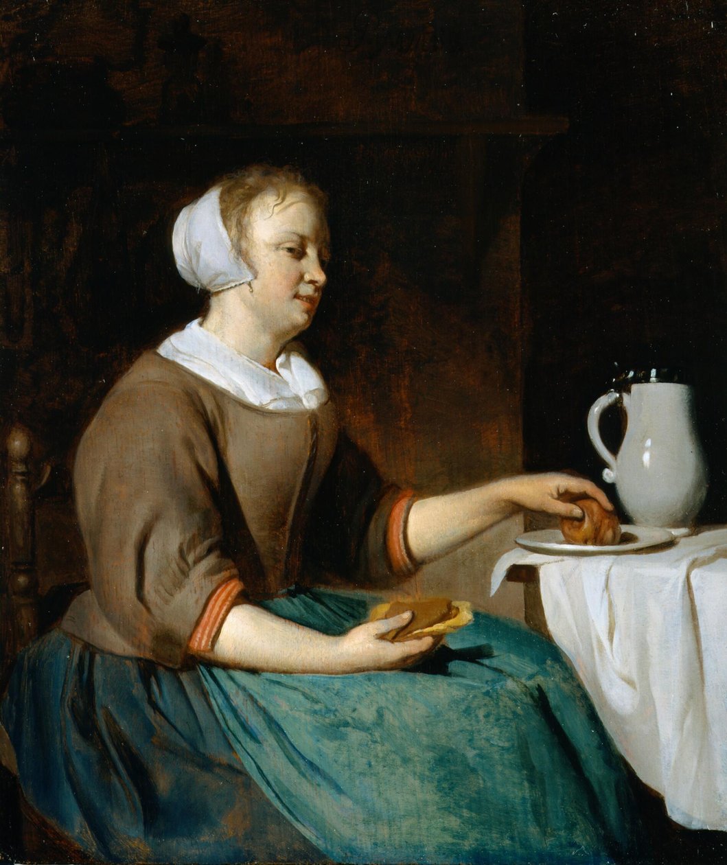 Jonge vrouw etend aan een tafel door Gabriel Metsu