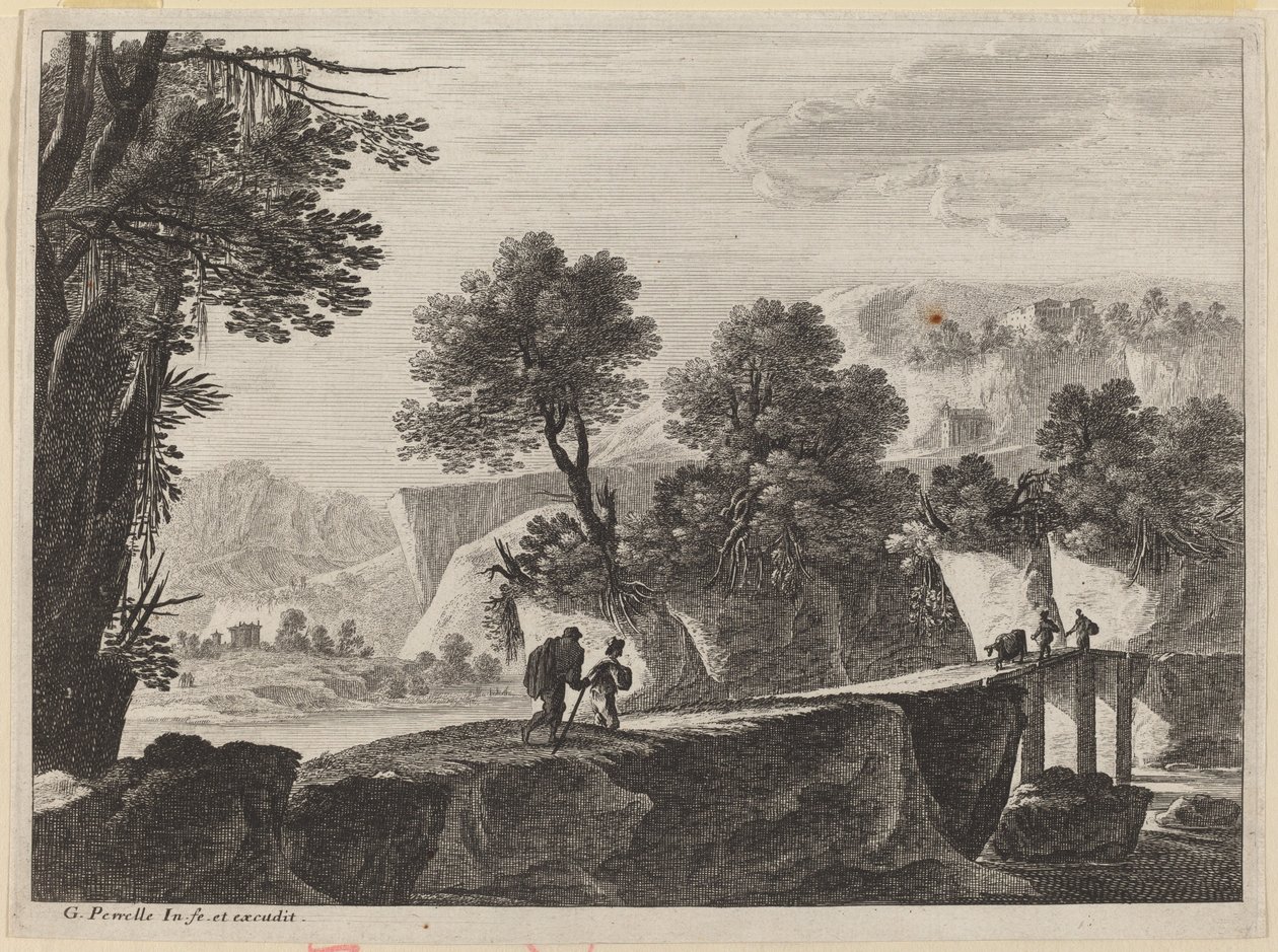 Reizigers naderen een brug door Gabriel Perelle
