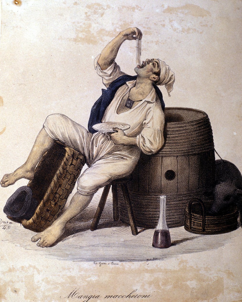 Napolitaan eet macaroni. Lithografie van Dura door Gaetano Dura