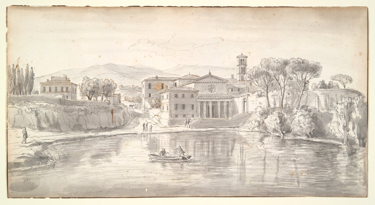Kerk en huizen langs een rivier door Gaspar van Wittel