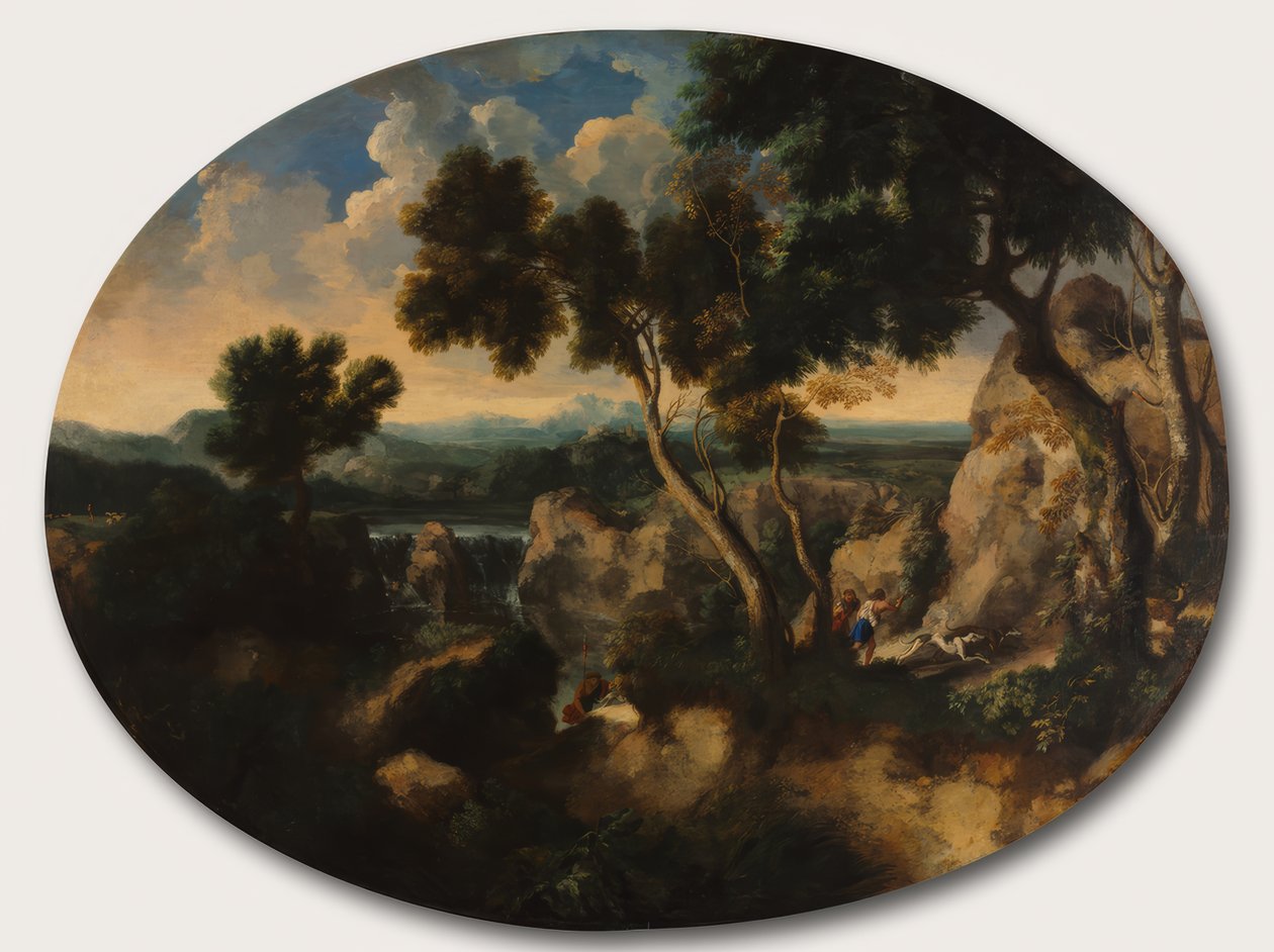 Rotsachtig landschap met jagers door Gaspard Dughet