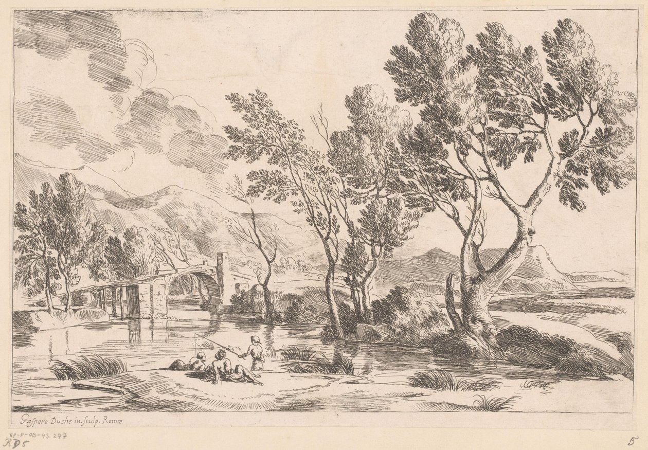 Rivierlandschap met brug en vissers door Gaspard Dughet